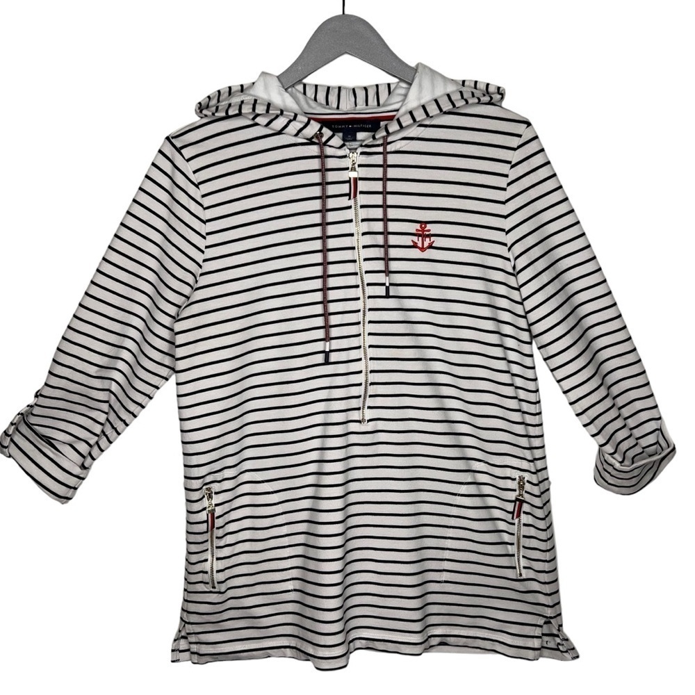 Tommy Hilfiger Women’s Patriotic Striped Long Roll Tab Sleeve 1/4 Zip Hoodie Med - Picture 2 of 14